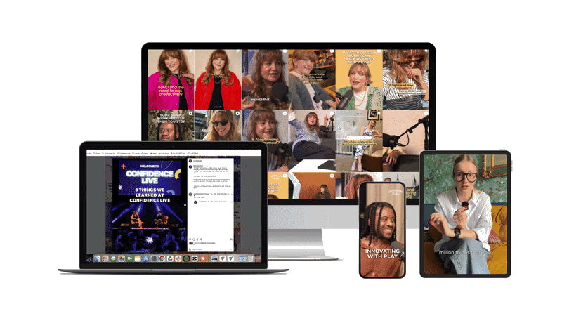 Multiple electronic devices displaying images and videos, including a computer monitor with a collage of photos, a laptop showing a digital event or conference, a smaller tablet with a woman speaking, and a phone with people smiling and talking.