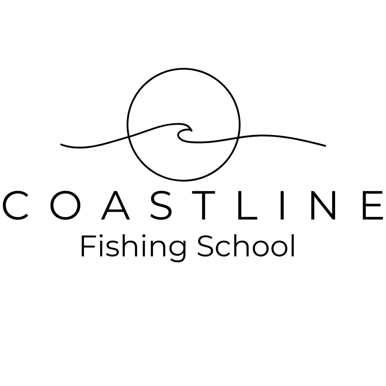 Logo for Coastline Fishing School featuring a stylized wave and sun design with the text 'COASTLINE Fishing School'.