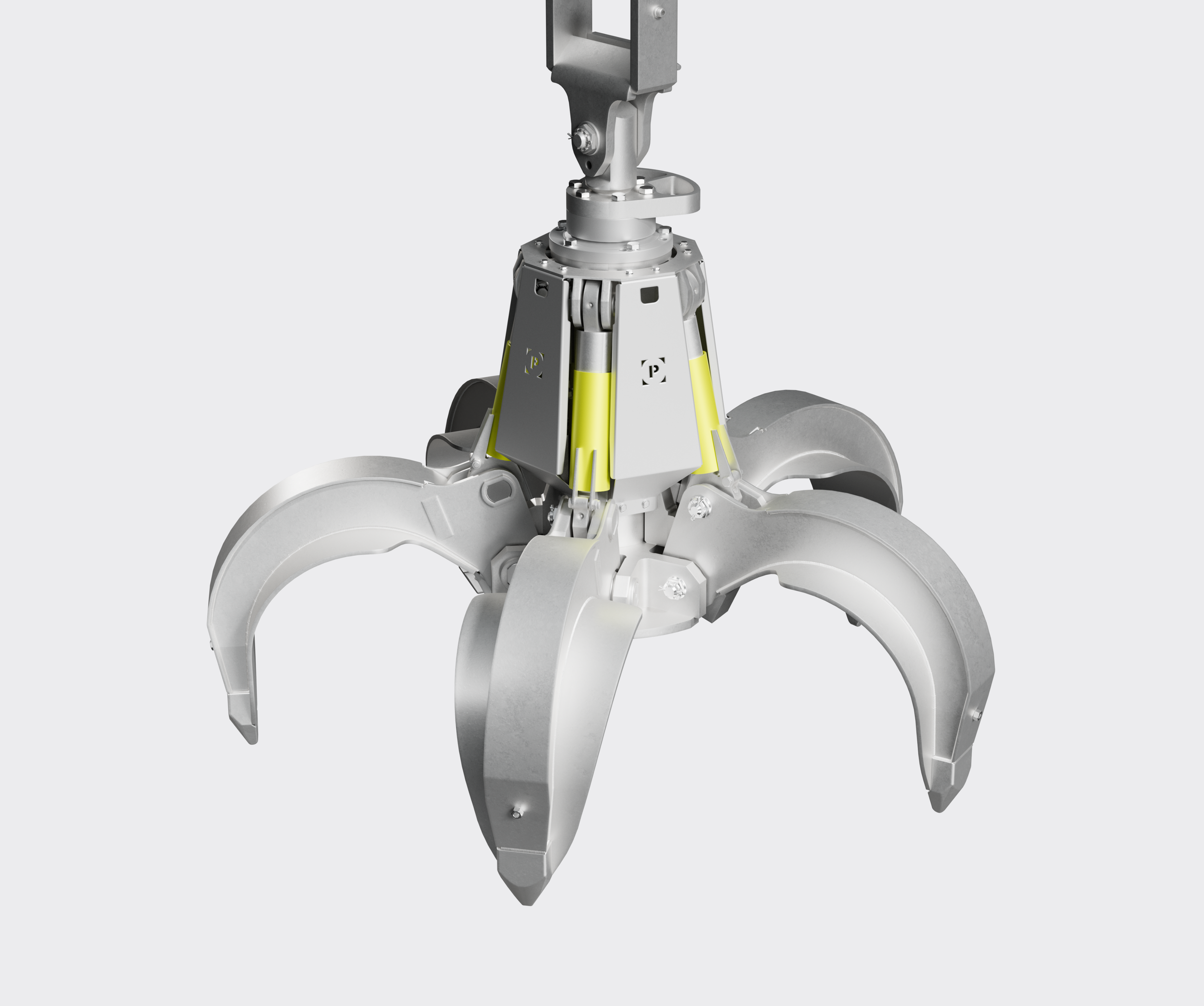 Ein modern wirkender mechanischer Roboterhaken mit mehreren beweglichen Greifarmen aus Metall, vor einem neutralen Hintergrund.