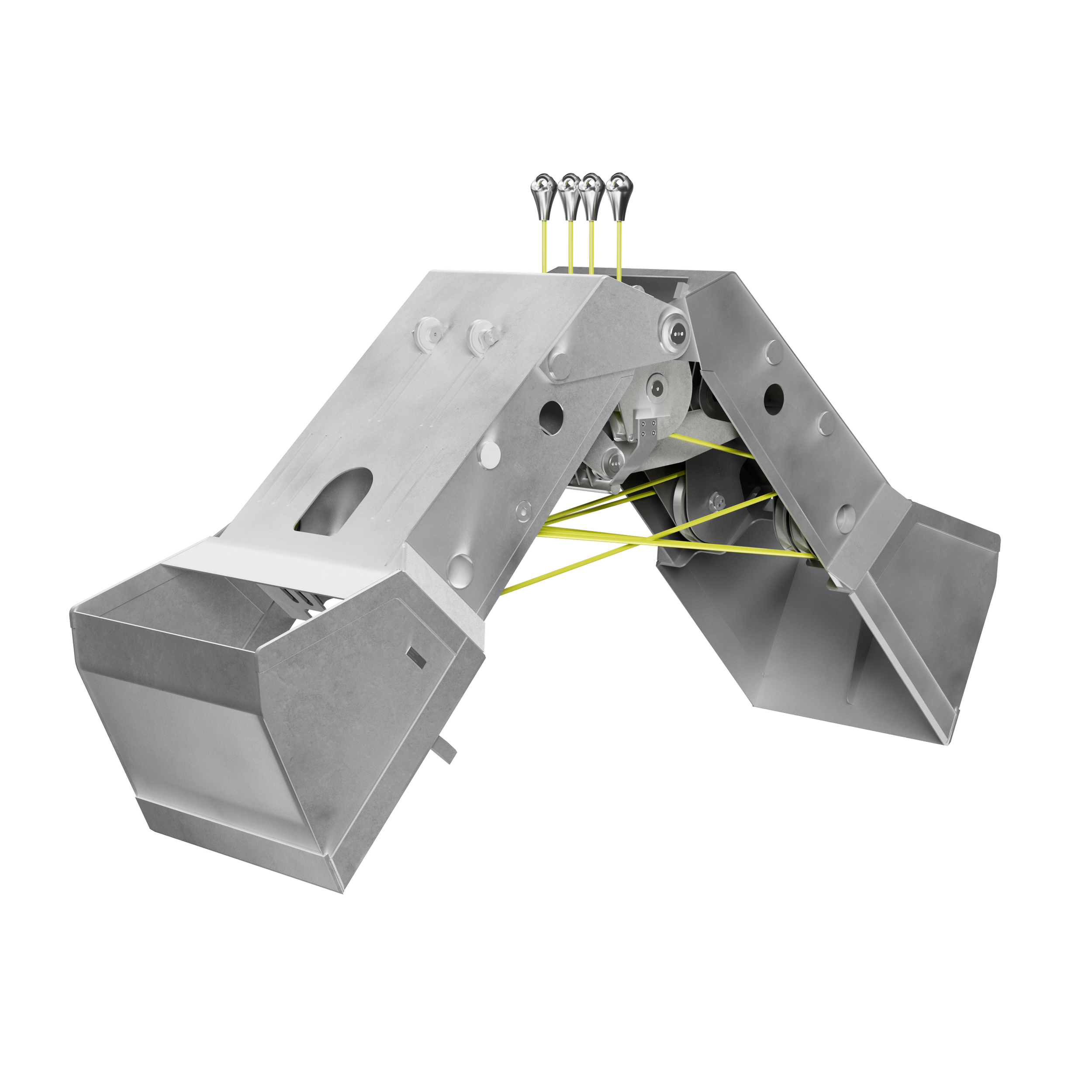 Nahaufnahme eines mechanischen Roboters mit Metallglieder, Drahtverbindungen und kabellosen Sensoren vor schwarzem Hintergrund.