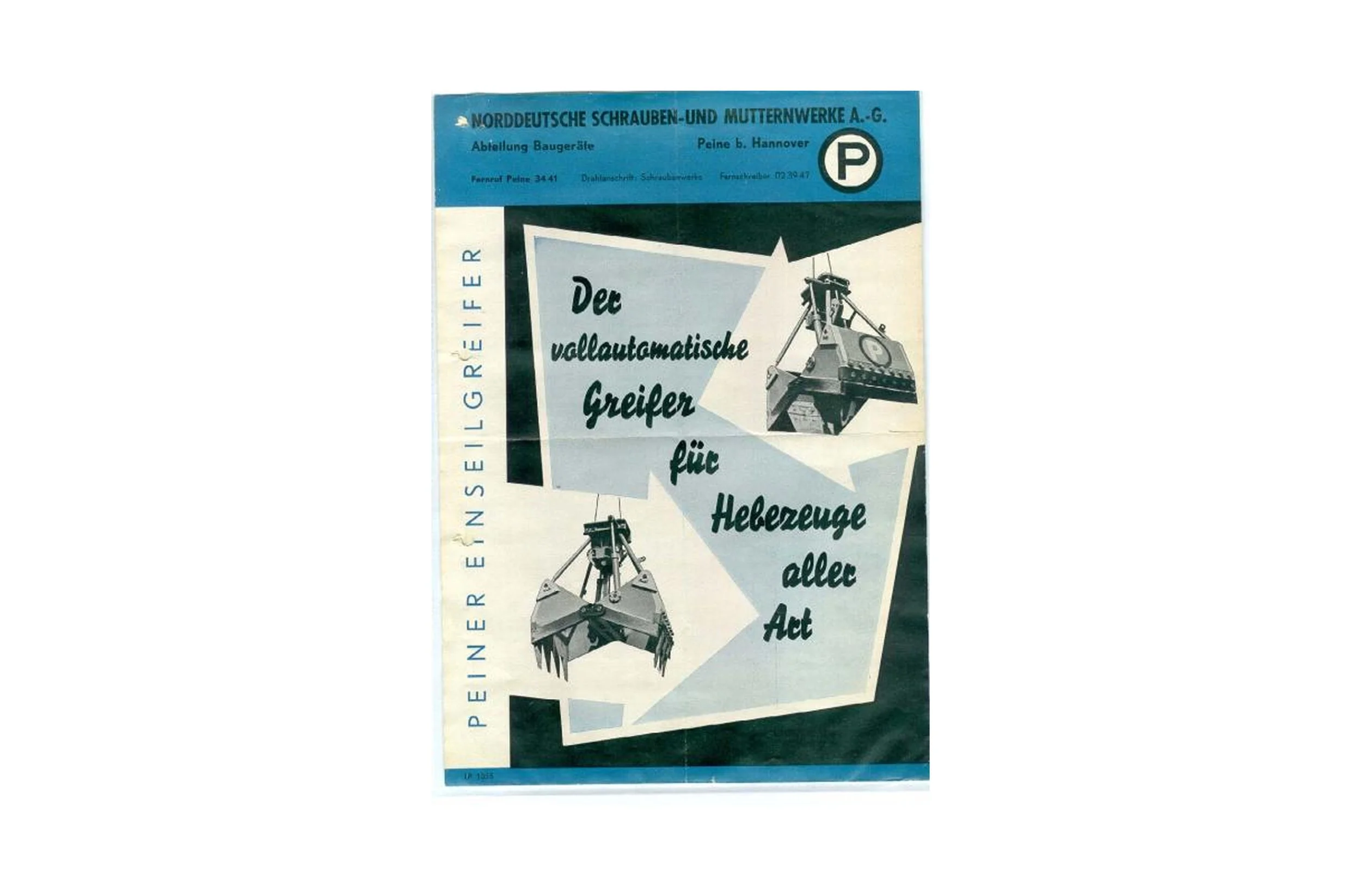 Alter Werbezettel für vollautomatische Greifer für Hebezeuge, mit Bildern von Greifmaschinen.