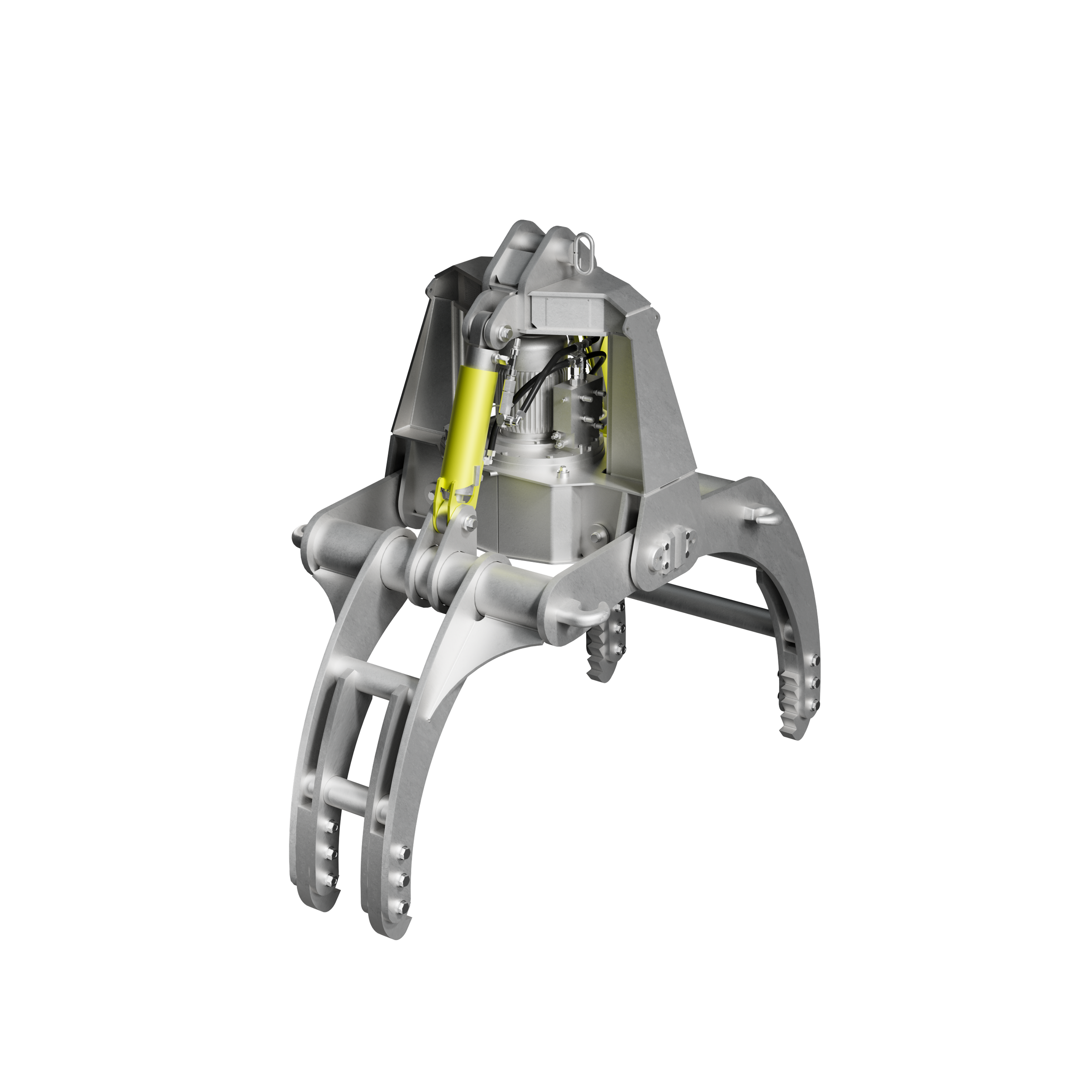 Ein Bild eines technischen Maschinenteils aus Metall, mit gelben Elementen und hydraulischen Komponenten auf einem schwarzen Hintergrund.