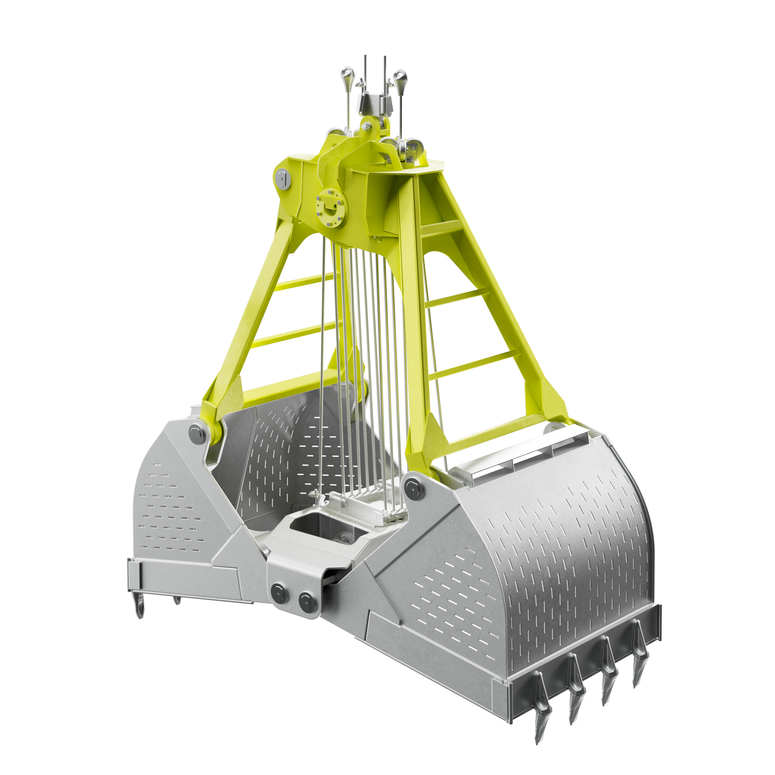 Modulares Gerät mit gelber und grauer Metallkonstruktion, mehrere Hebel, rotierende Teile, auf einer glatten Oberfläche