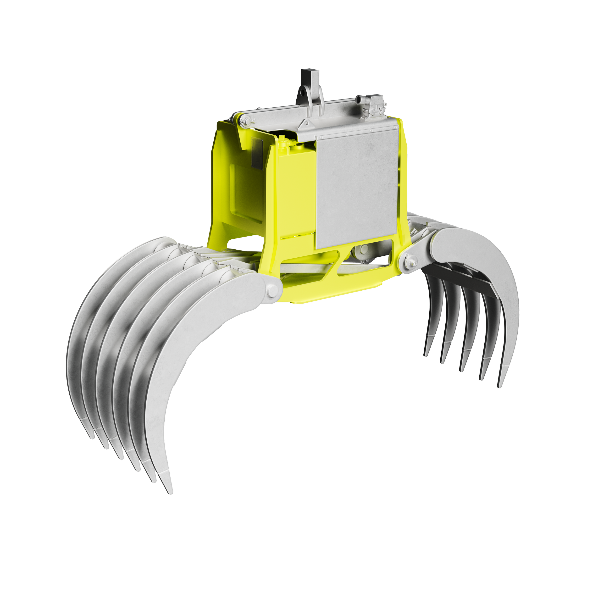 Nahaufnahme eines mechanischen Bauteils, wahrscheinlich eine Maschine oder ein Werkzeug, mit silbernen und gelben Elementen, vor schwarzem Hintergrund.