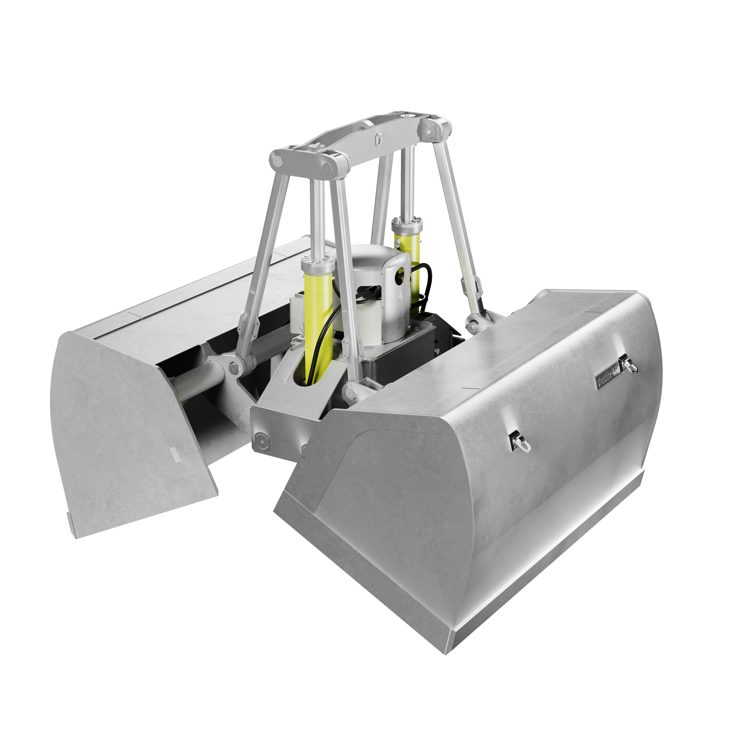 Blick auf eine technische Maschine mit metallischem Rahmen, gelben Stoßdämpfern und verschiedenen mechanischen Komponenten.