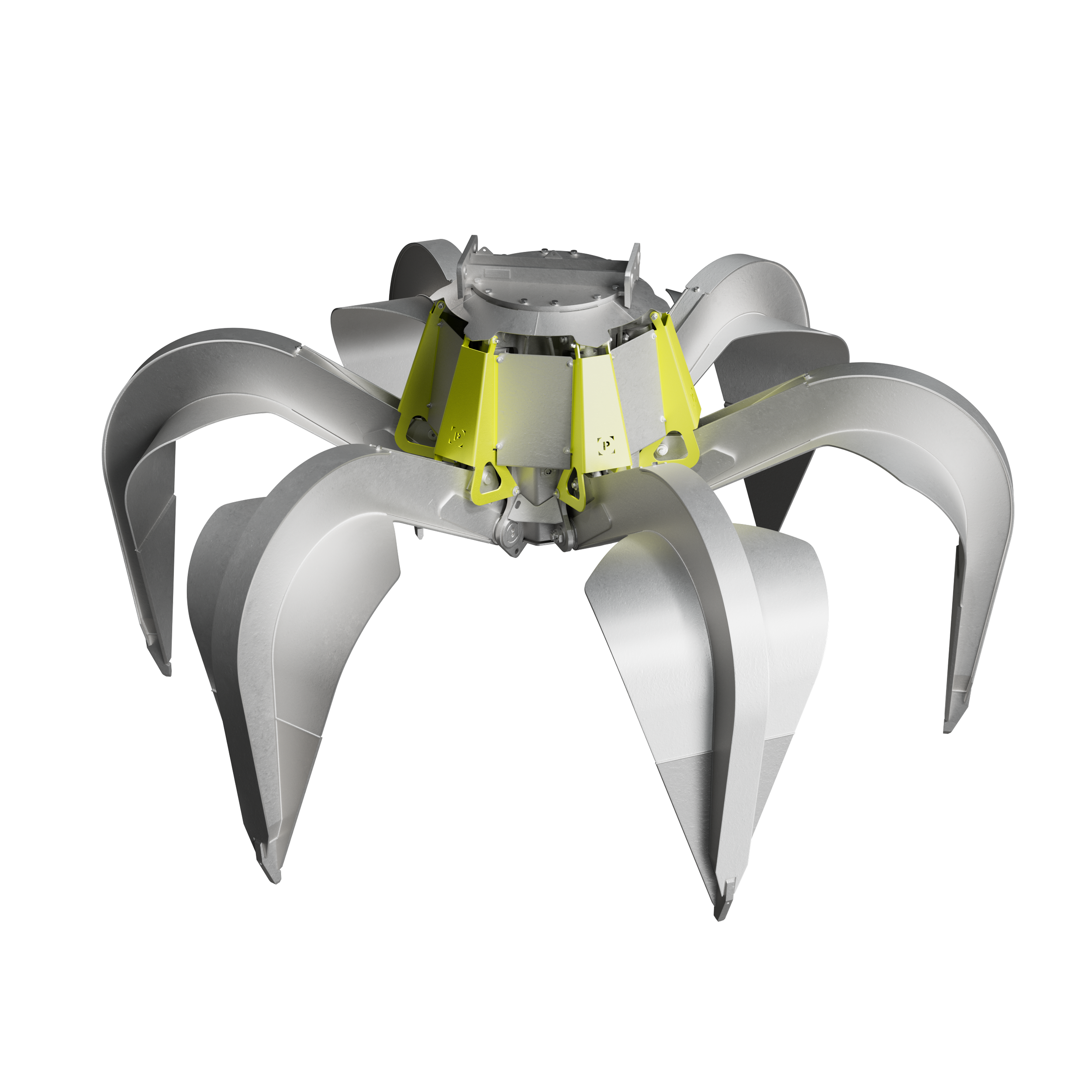 Ein metallicgraues Stück Technik mit gelben Teilen, das wie eine industrielle Maschine oder ein Roboterarm aussieht.