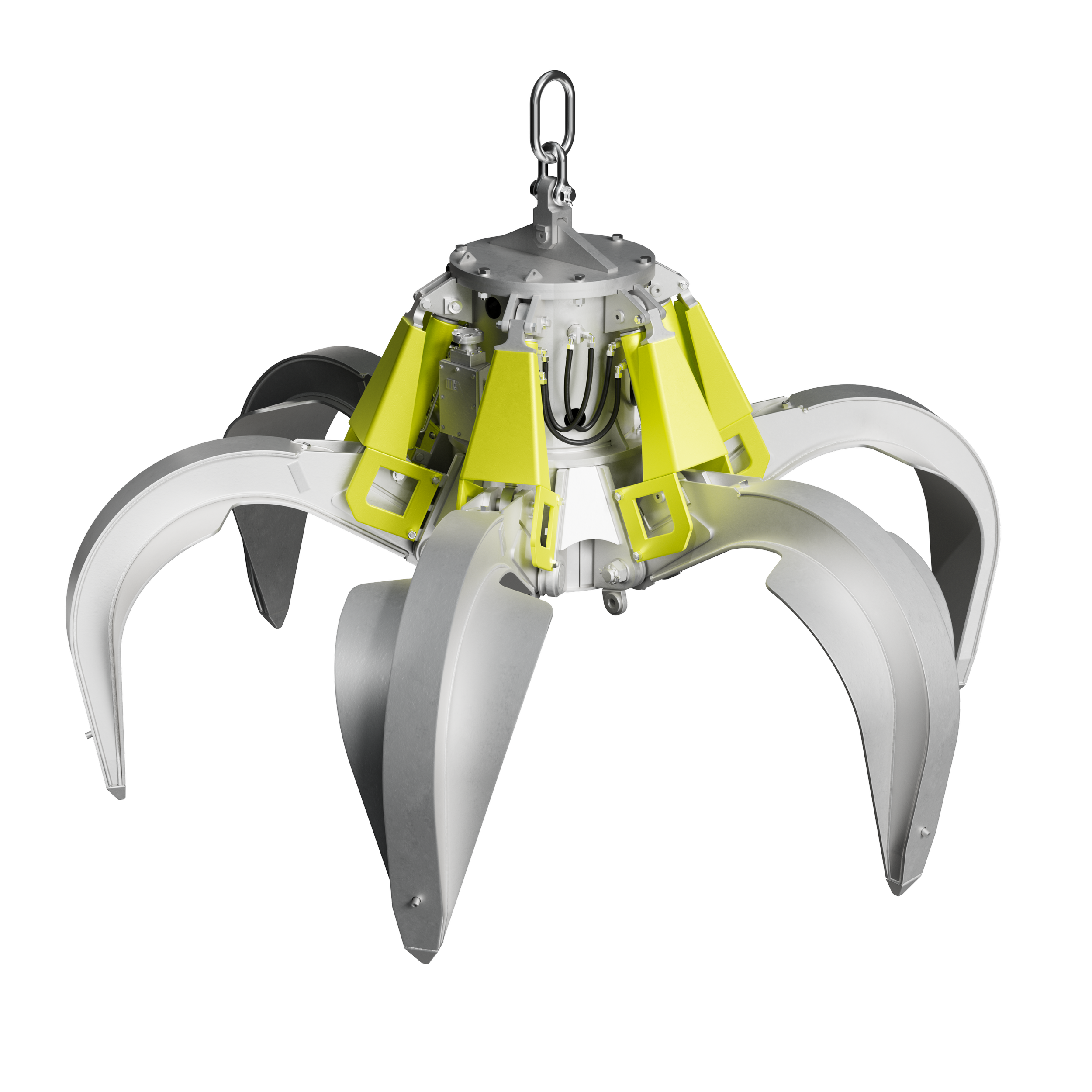 Ein mechanisches Gerät mit mehreren weißen, gelben und schwarzen Komponenten, die an einem schwarzen Hintergrund befestigt sind.