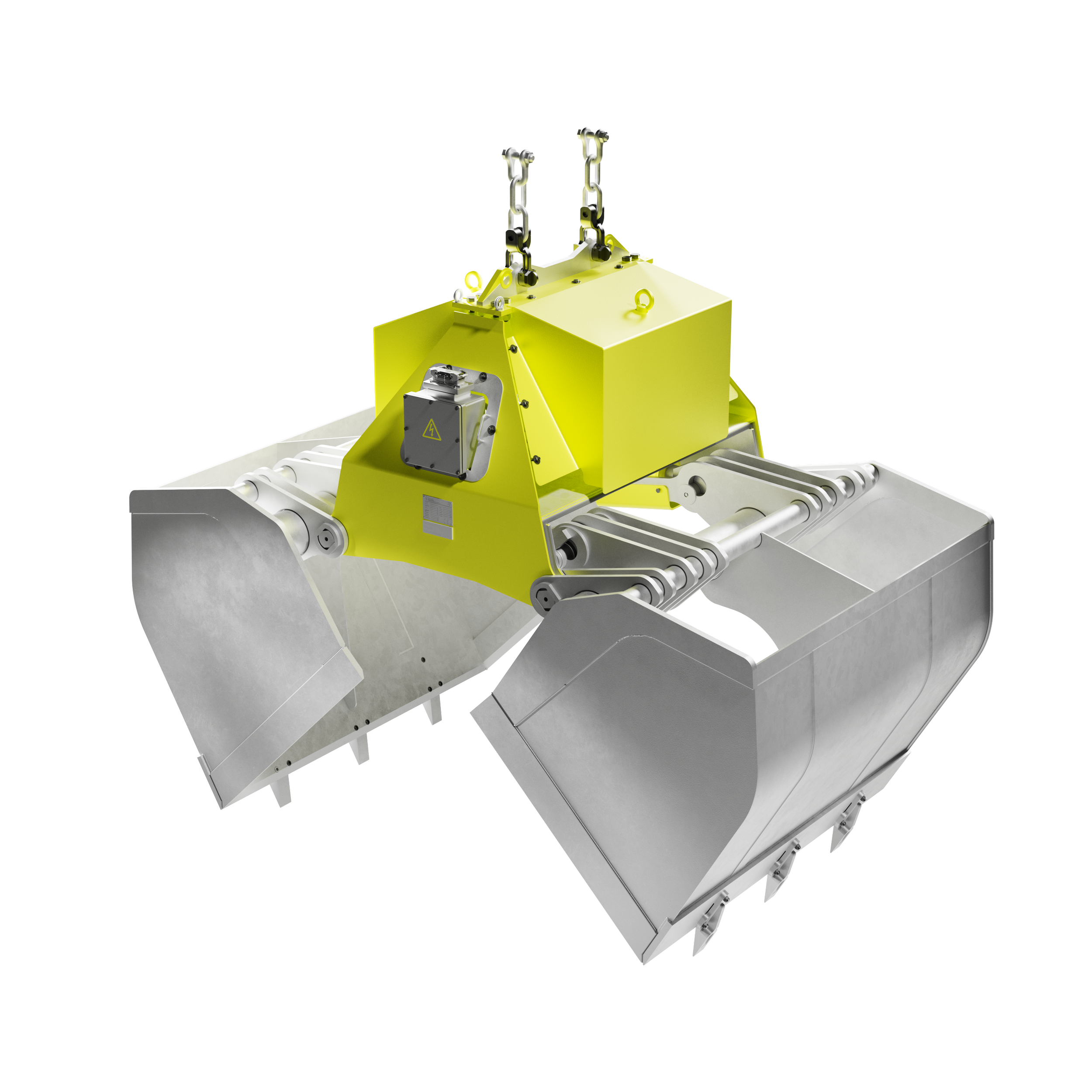 Modulares robotergestütztes System mit gelber Basis und Metallketten, die an einer weißen Struktur befestigt sind.