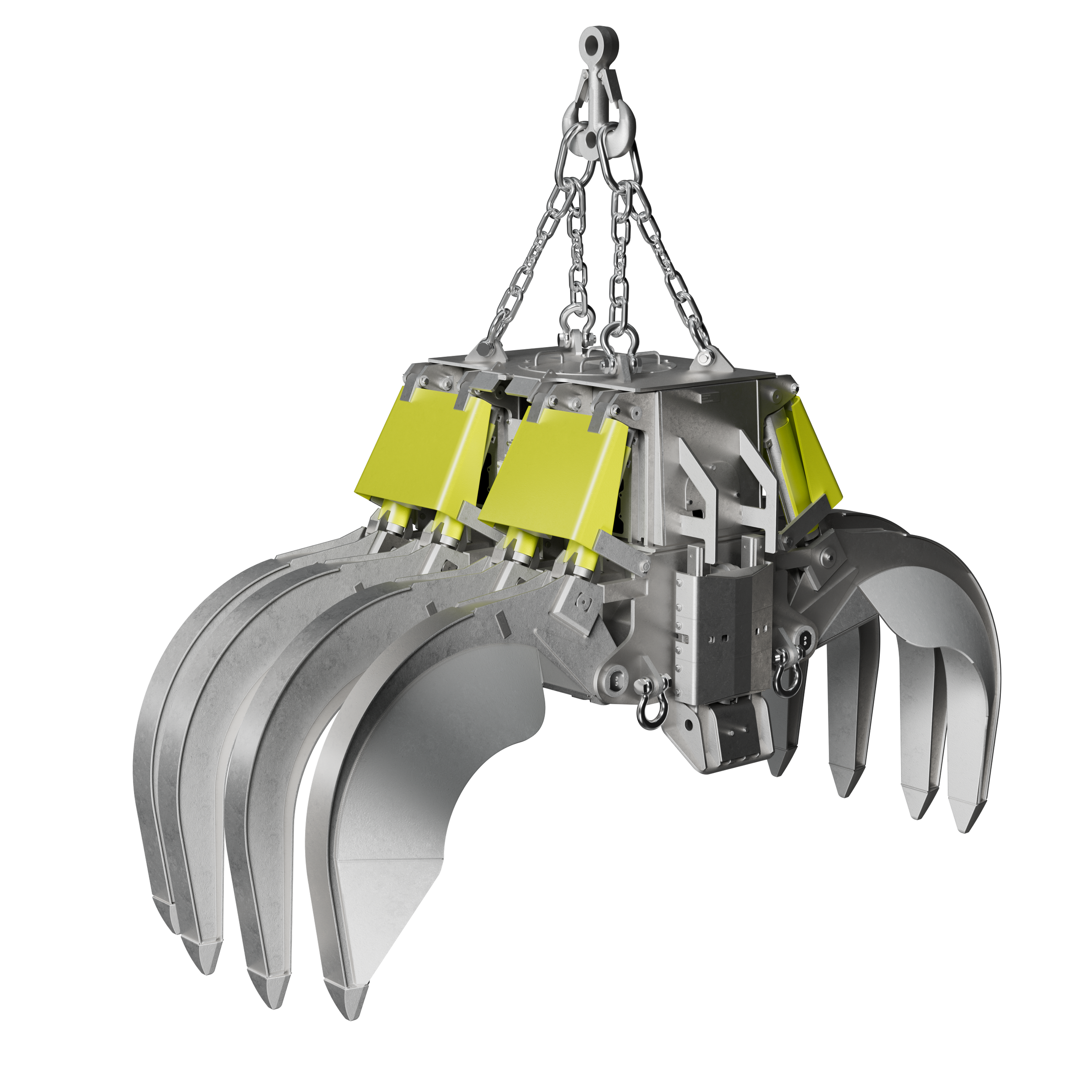 Industrielles Gerät mit großen Kreisschneidern, gelben Schutzblechen und Metallketten, auf schwarzem Hintergrund.