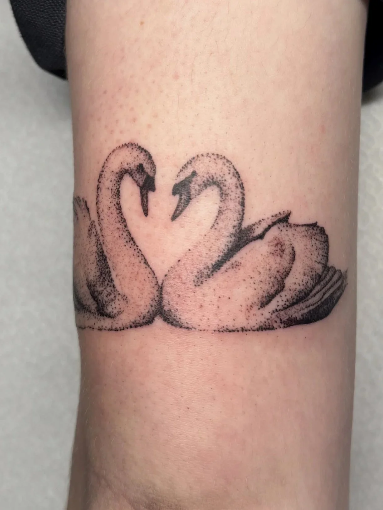 Tatoeage van twee zwanen die hun koppelsnuitjes vormen.