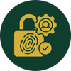 Icon of a yellow open padlock with a gear, a target, and a checkmark inside a green circle.
