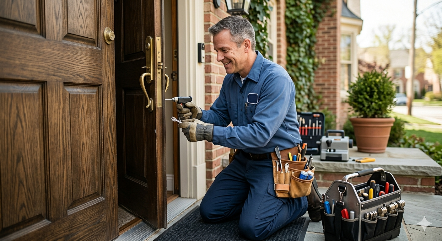 A handyman kneeling outside on a porch, working on a door lock with a drill. He is wearing a blue uniform and has tools in a belt and a toolbox beside him.