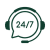 Outline of a headset with a speech bubble reading '24/7' inside