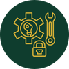 Icons of a shield, gear, and wrench, representing cybersecurity or technical support.