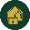 Yellow house icon with a keyhole on a dark green circular background.
