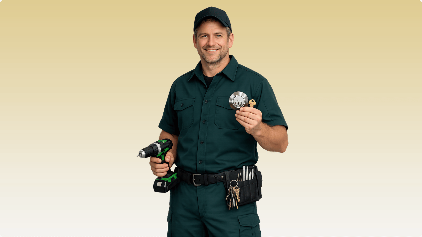 A handyman in work uniform holding a cordless drill and a lock in front of a light beige background.