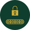 Lock icon over a conveyor belt, symbolizing security or safety in manufacturing.
