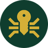 Simple icon of a yellow bug or insect on a dark green circular background