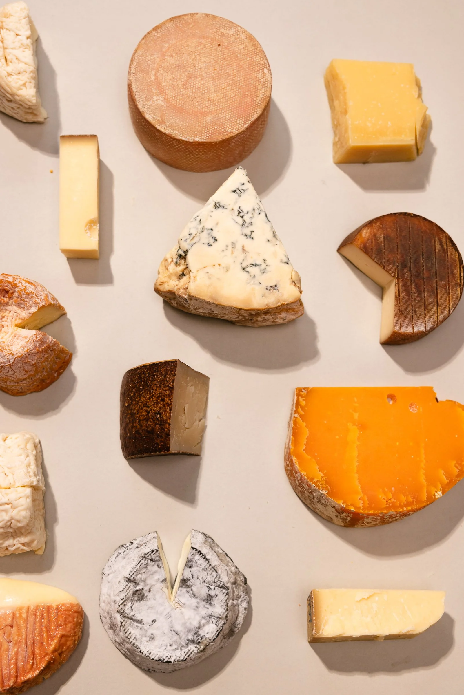 Verschiedene Käse auf einer weißen Oberfläche, in verschiedenen Formen und Farben, inklusive Blauschimmelkäse, Hart- und Schnittkäse.