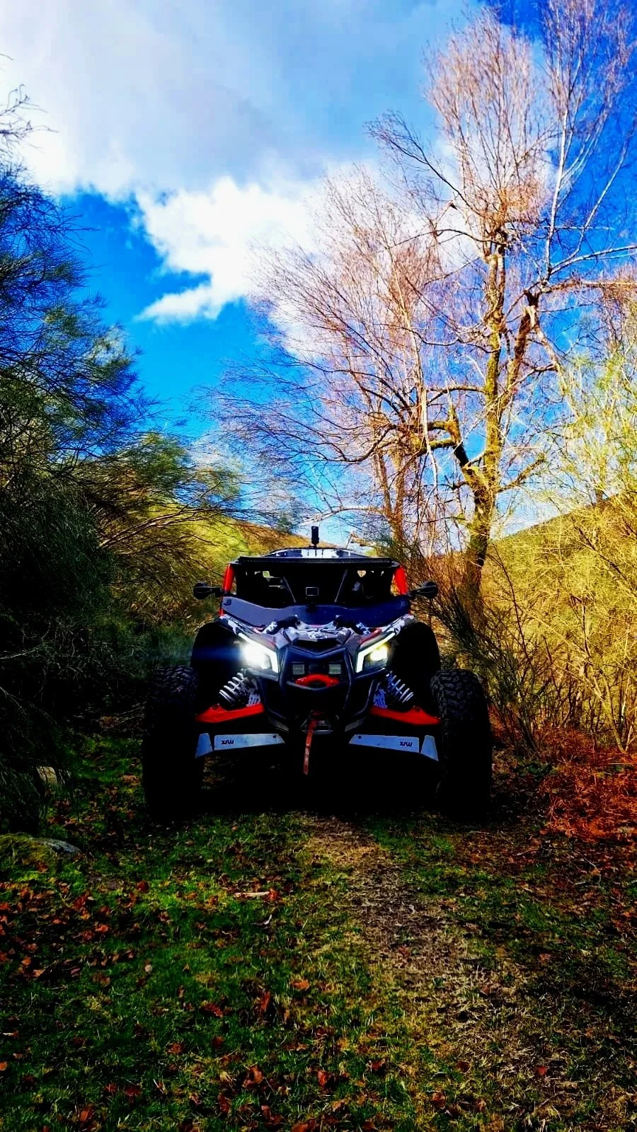 Veículo off-road em uma trilha entre árvores e vegetação, céu azul com nuvens.