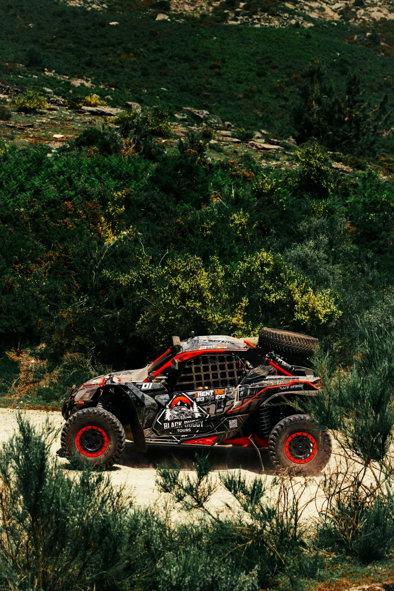 Tour de buggy guiado por trilhos naturais e paisagens de montanha em Braga, rodeado de vegetação densa de arbustos e árvores, numa paisagem de montanhas e vegetação natural.