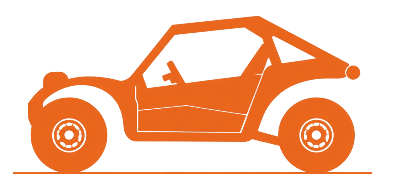 Desenho de buggy Can-Am visto de lado, em cor laranja, com detalhes simples e linhas minimalistas.