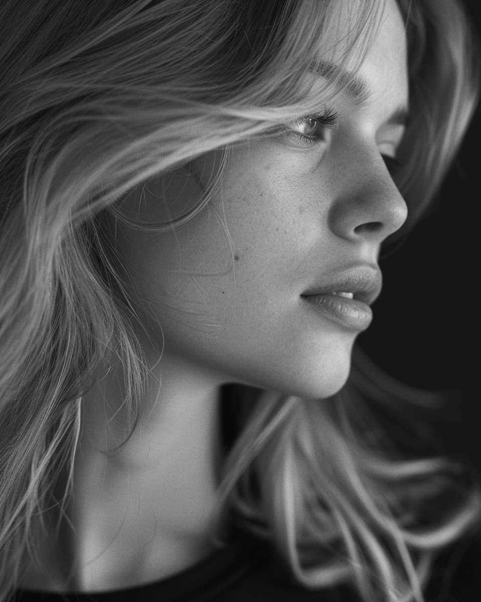 Close-up black and white photo of a woman's face in profile, with wavy hair partially covering her face, looking to the right.