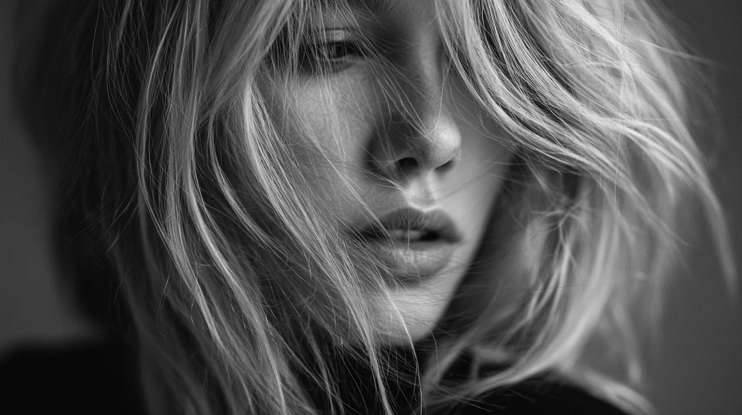Close-up black and white portrait of a woman with tousled hair partially covering her face.