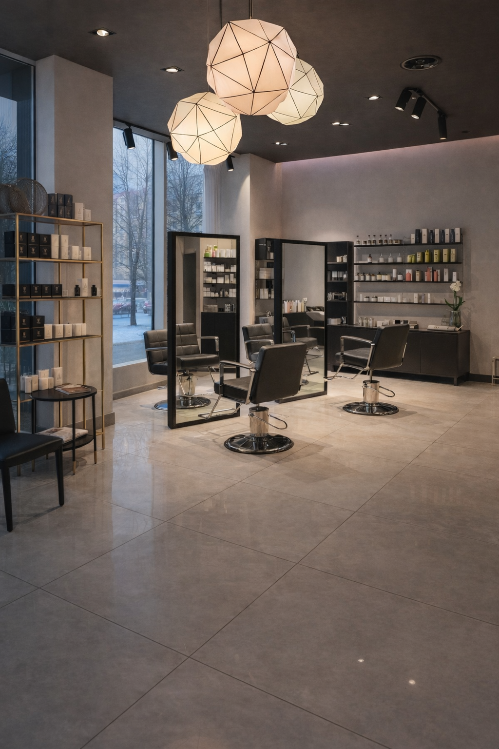 Modern hair salon with stylist chairs, mirrors, and shelves of hair products, illuminated by geometric pendant lights and track lighting.
