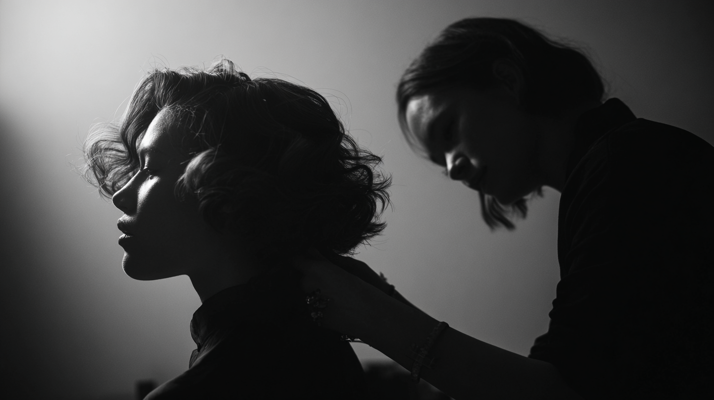 Black and white silhouette of a woman with curly hair and a woman with straight hair, with one adjusting the other's necklace.