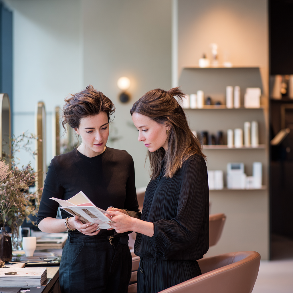 Two women in black outfits looking at a brochure in a modern salon or spa setting.