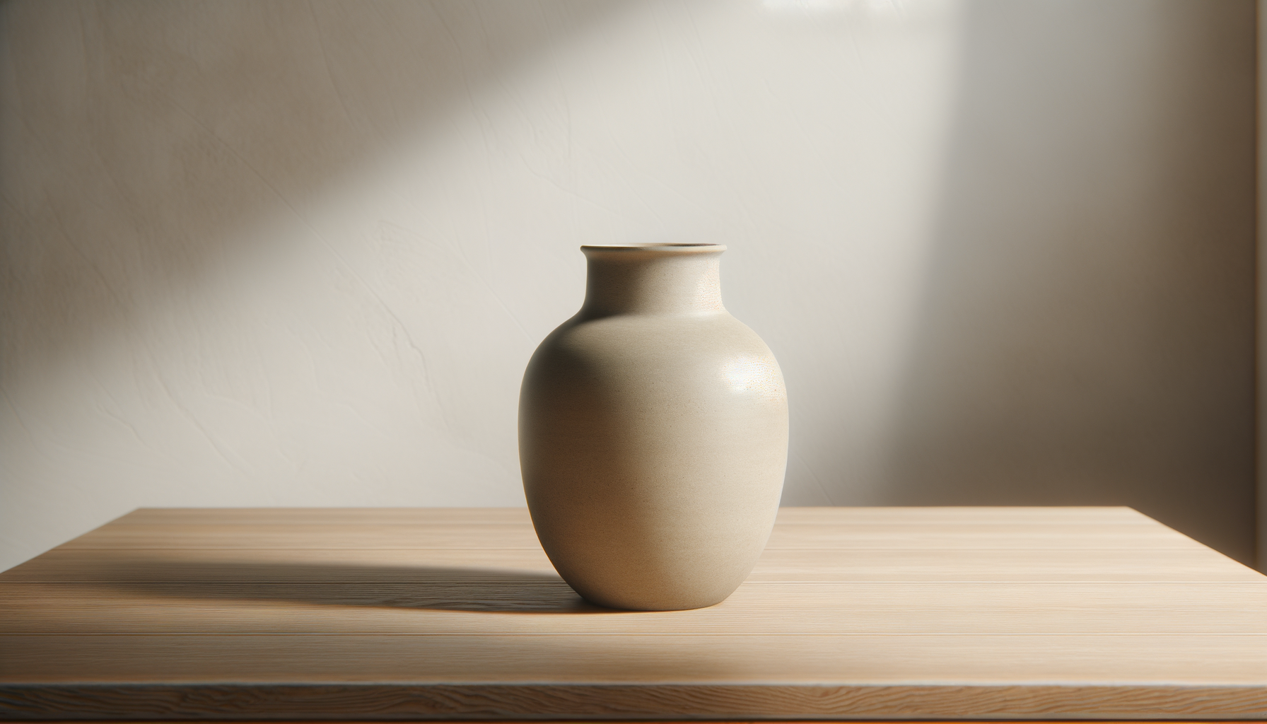 A beige ceramic vase standing on a light wooden surface against a softly lit background.
