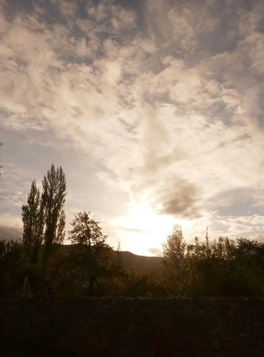 Sunset over trees and hills with a cloudy sky.