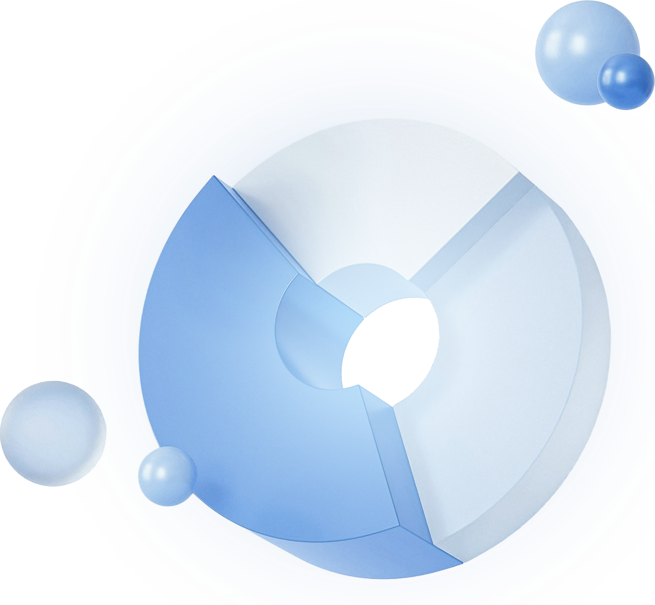 Abstract 3D geometric shapes in shades of blue and white, with concentric circles and floating spheres, creating a modern, digital design.