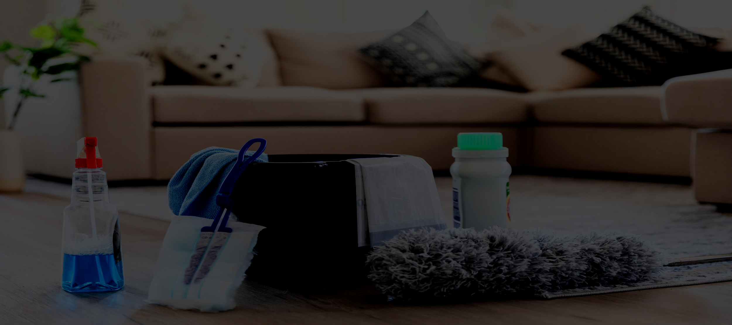 Household cleaning supplies, including spray bottle with blue liquid, cleaning cloth, box of tissues, container of wipes, and a mop, on a wooden floor in front of a couch.