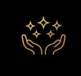 Golden hands gently cupping sparkling stars or crystals against a black background.