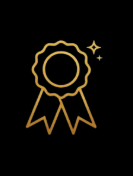 Gold award badge with ribbon and star on black background