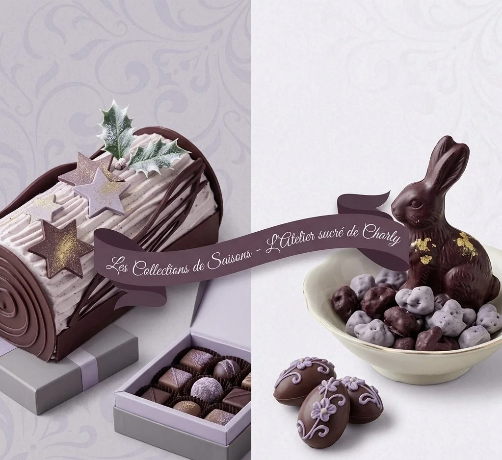 Une collection de chocolats de Noël, comprenant un roulé en chocolat décoré de étoiles et de feuilles de houx, une boîte de petits chocolats variés, un bol de chocolat de Pâques avec un lapin en chocolat et des œufs en chocolat décorés de violet et de blanc.