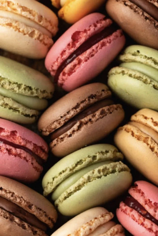 Assortiment de macarons colorés avec différentes saveurs et garnitures.