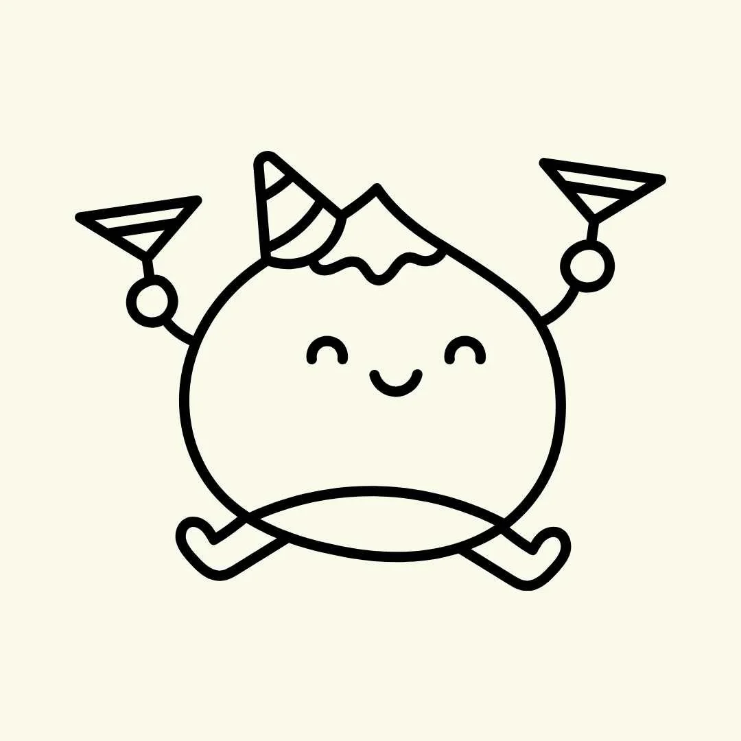 Cute cartoon character with a round body, wearing a party hat, holding two martini glasses, with a smiling face, and sitting cross-legged.