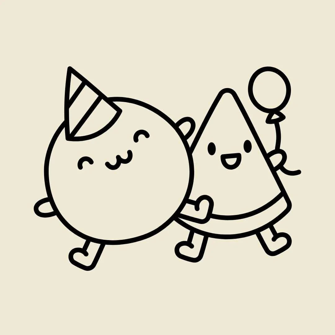 Cute line drawing of a smiling round bunny wearing a party hat and a smiling triangle-shaped character holding a balloon, both holding hands and dancing.