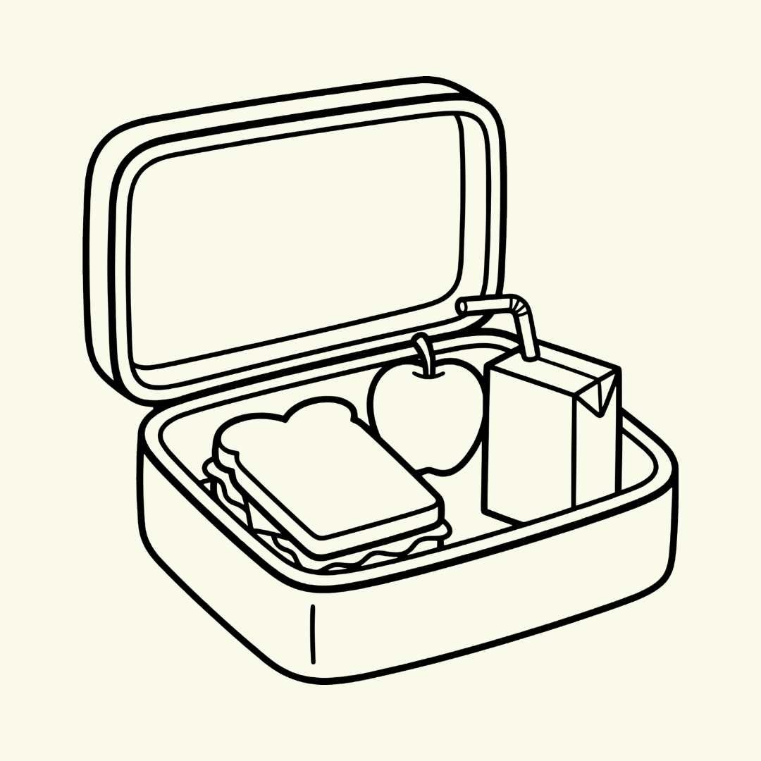 Black and white drawing of a lunchbox with a sandwich, apple, juice box, and a folded napkin inside.