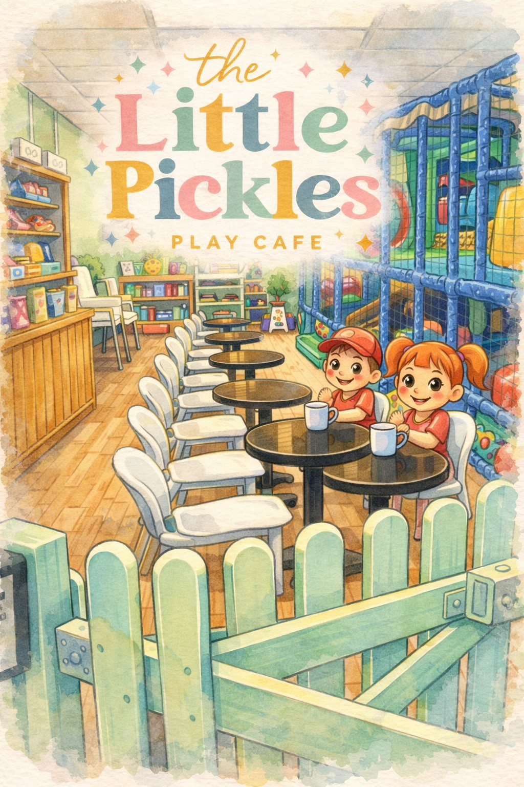 Colorful illustration of a children's play café named 'The Little Pickles Play Café.' Inside, two smiling kids are sitting at a table with mugs. The café has bookshelves, chairs, and an indoor playground with slides and climbing structures. A wooden fence surrounds the play area.