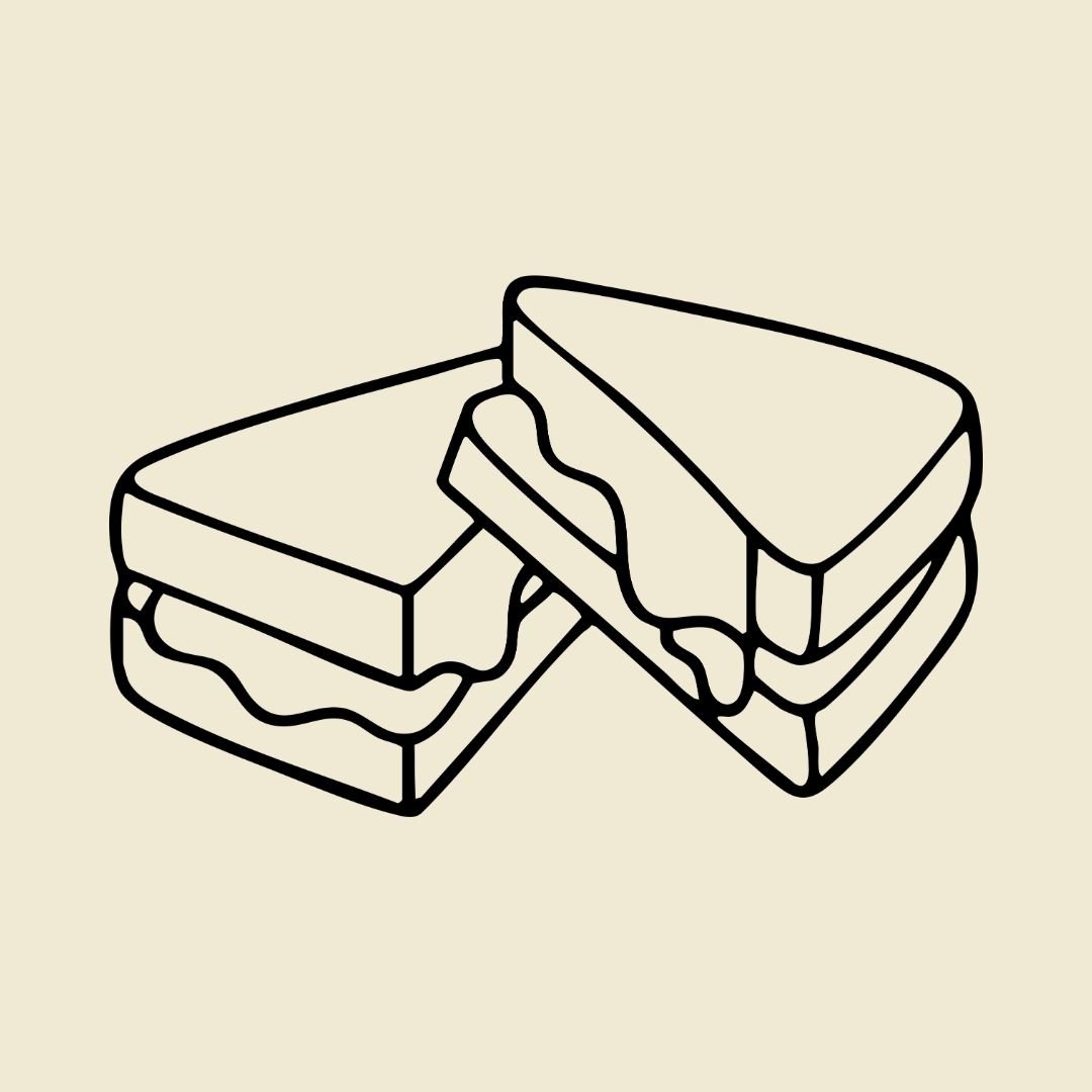 Line drawing of two sandwiches on a beige background.
