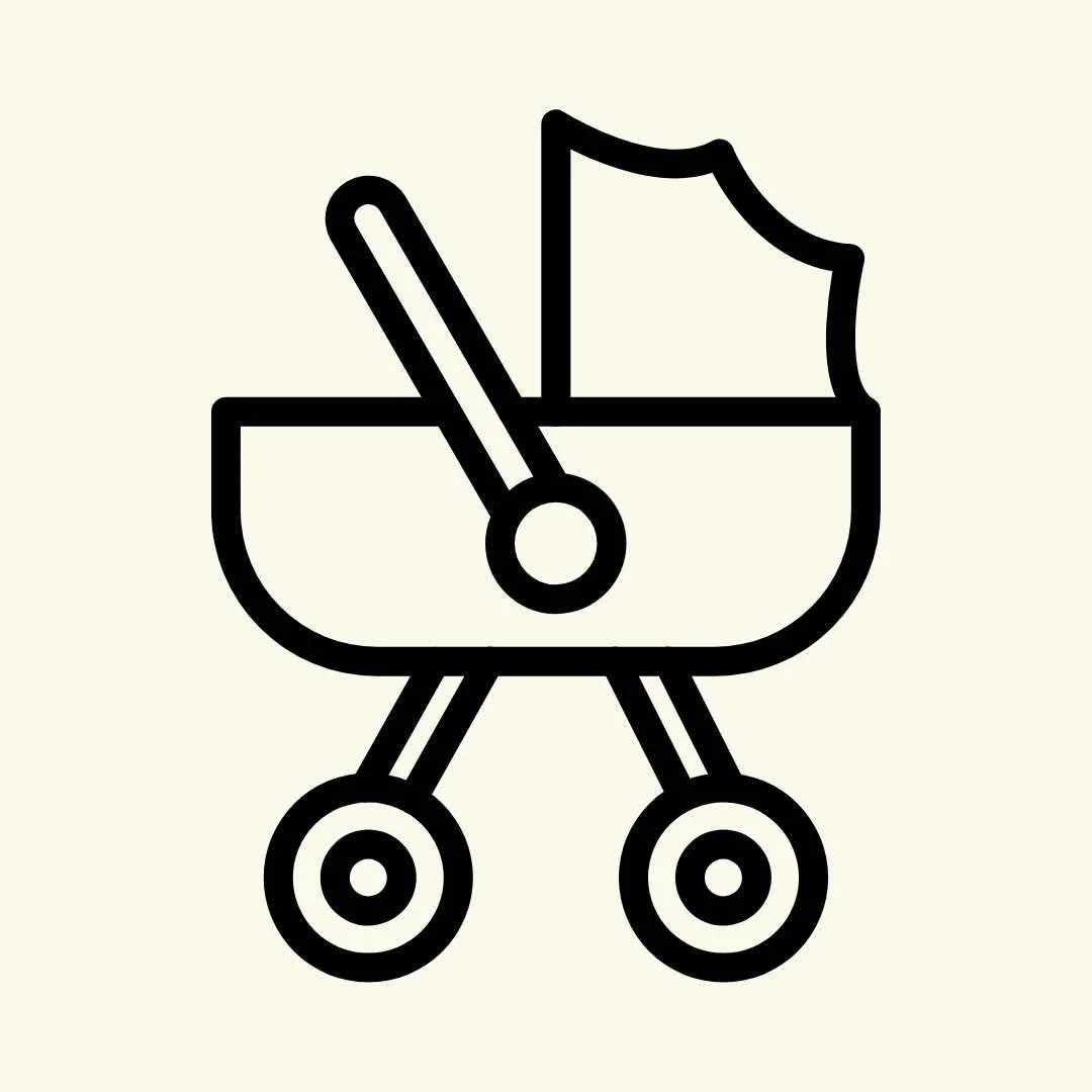Line drawing of a baby stroller with a blanket inside.