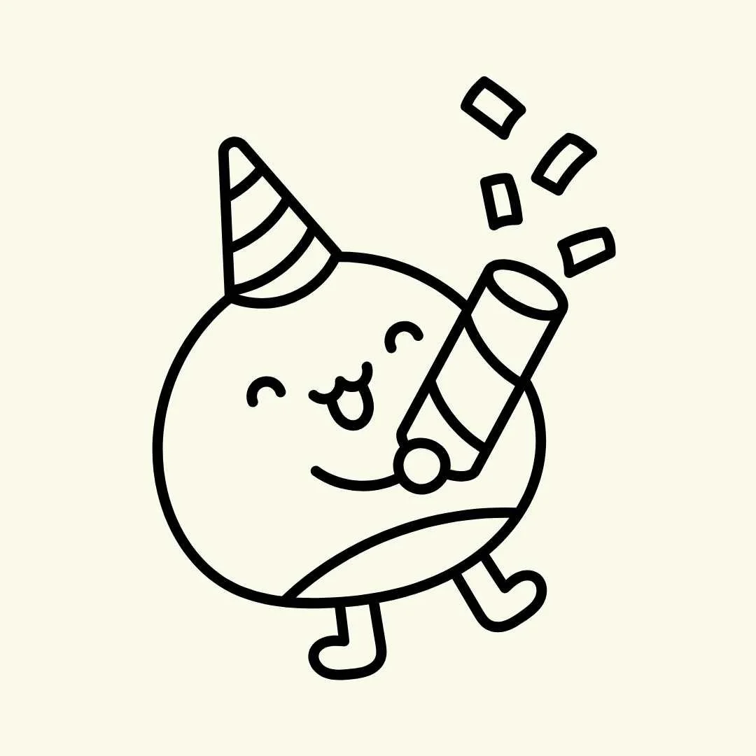 Cute, cartoon-style illustration of a round character with a party hat, holding a party blower, smiling, with confetti, minimalistic and black-and-white.