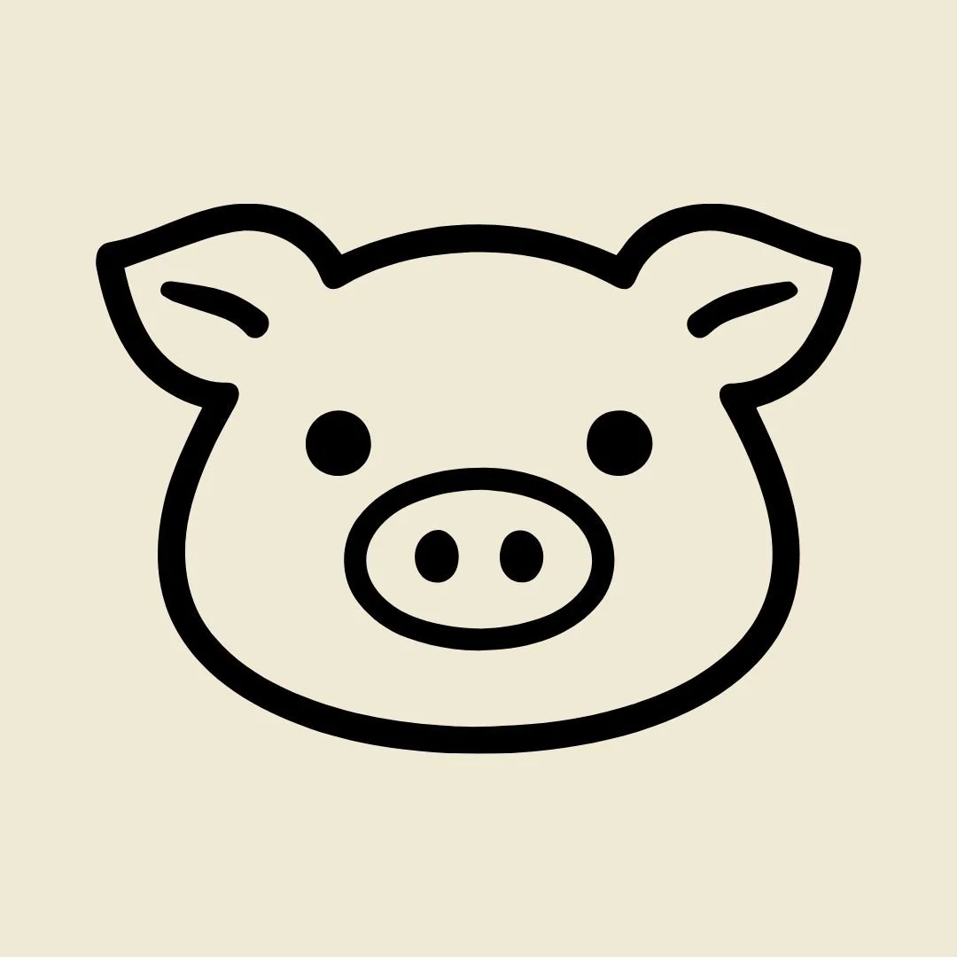 Line drawing of a pig's face with round ears, eyes, and snout on a light background.