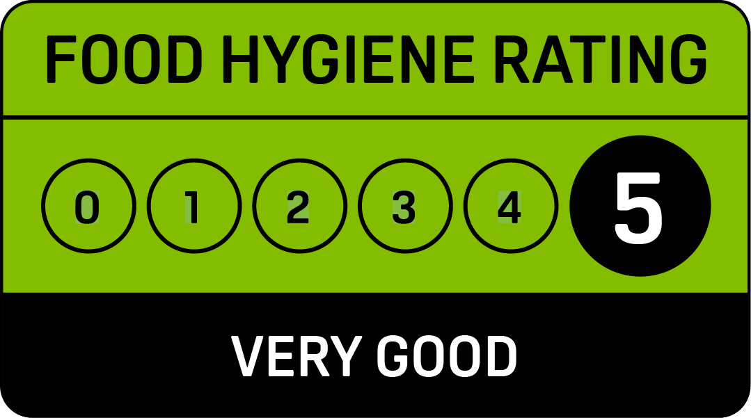 Green food hygiene rating label with a score of 5, indicating 'Very Good' hygiene standard.