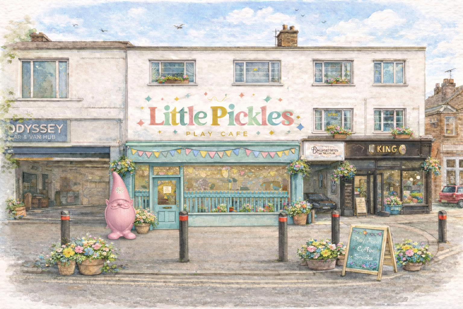 A watercolor-style illustration of a storefront building with a sign that reads "Little Pickles Play Café." The building has pink, green, and yellow signage, colorful bunting, and flower decorations. There is a bright pink gnome statue outside, floral arrangements, and a chalkboard sign that says "Play Area, Coffee, Snacks." To the left, a car and van hub sign is visible, and to the right, there's a black shop named "U King." The scene depicts a cheerful, whimsical neighborhood scene with a sky filled with flying birds.