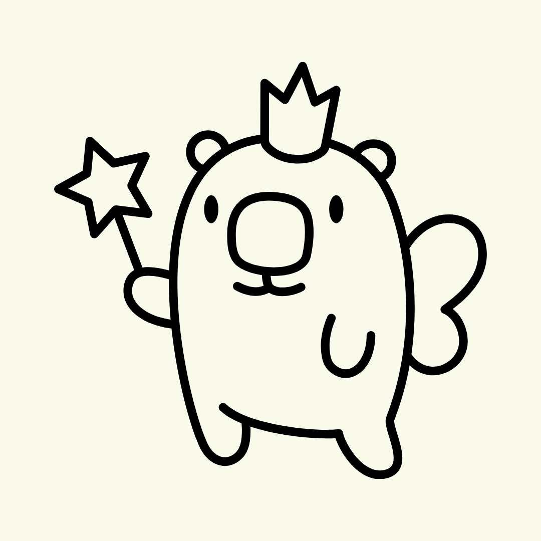 Line drawing of a cute animal character, possibly a bear or koala, wearing a crown, holding a star-shaped wand, with a small tail and holding a balloon.